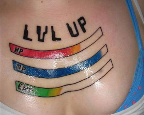 This tattoo adorns the chest of one 'MC Router', the 'queen of nerdcore'.