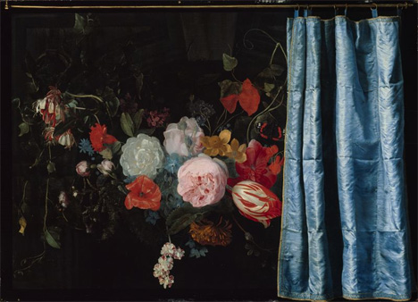 flowers behind curtain