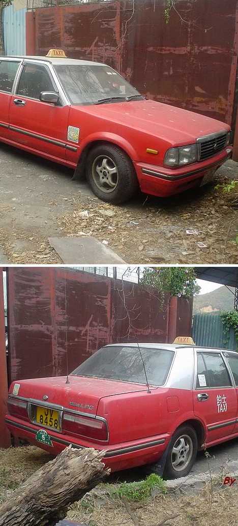 abandoned Hong Kong red Nissan Cedric LPG taxi cab