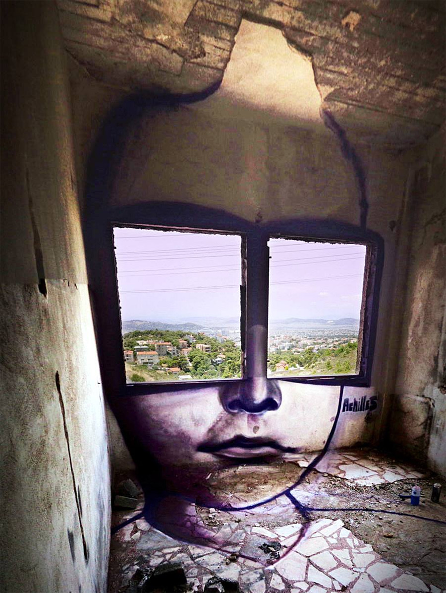 Window Shades: Contextual Street Art Frames View of Greek Cityscape