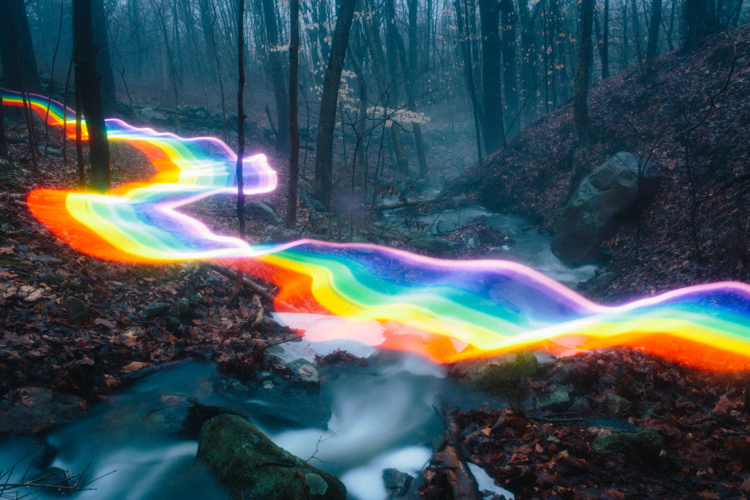 Rainbow Road Light Painting Blazes A Trail Through Forests Cities Rainbow Road Light Painting Blazes A Trail Through Forests Cities